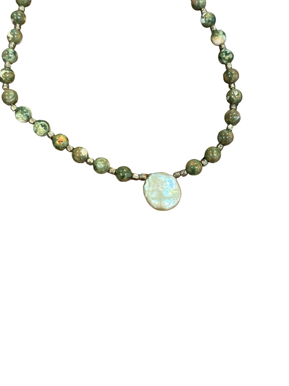 On trend Jasper 6 mm Beaded Necklace with Coin Pearl Pendant,  Brass Accent